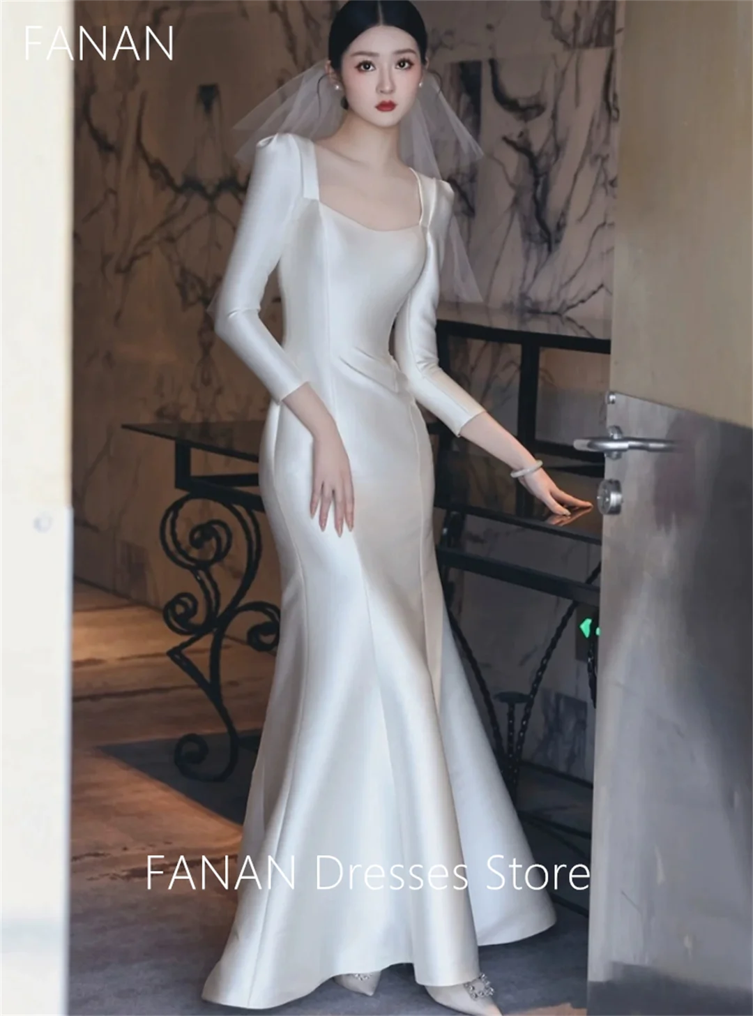 

FANAN Korea Mermaid Square Collar Unique Long Wedding Dresses 웨딩드레스 Ivory Satin Sweep Train Custom Made Bride Gowns Plus Size