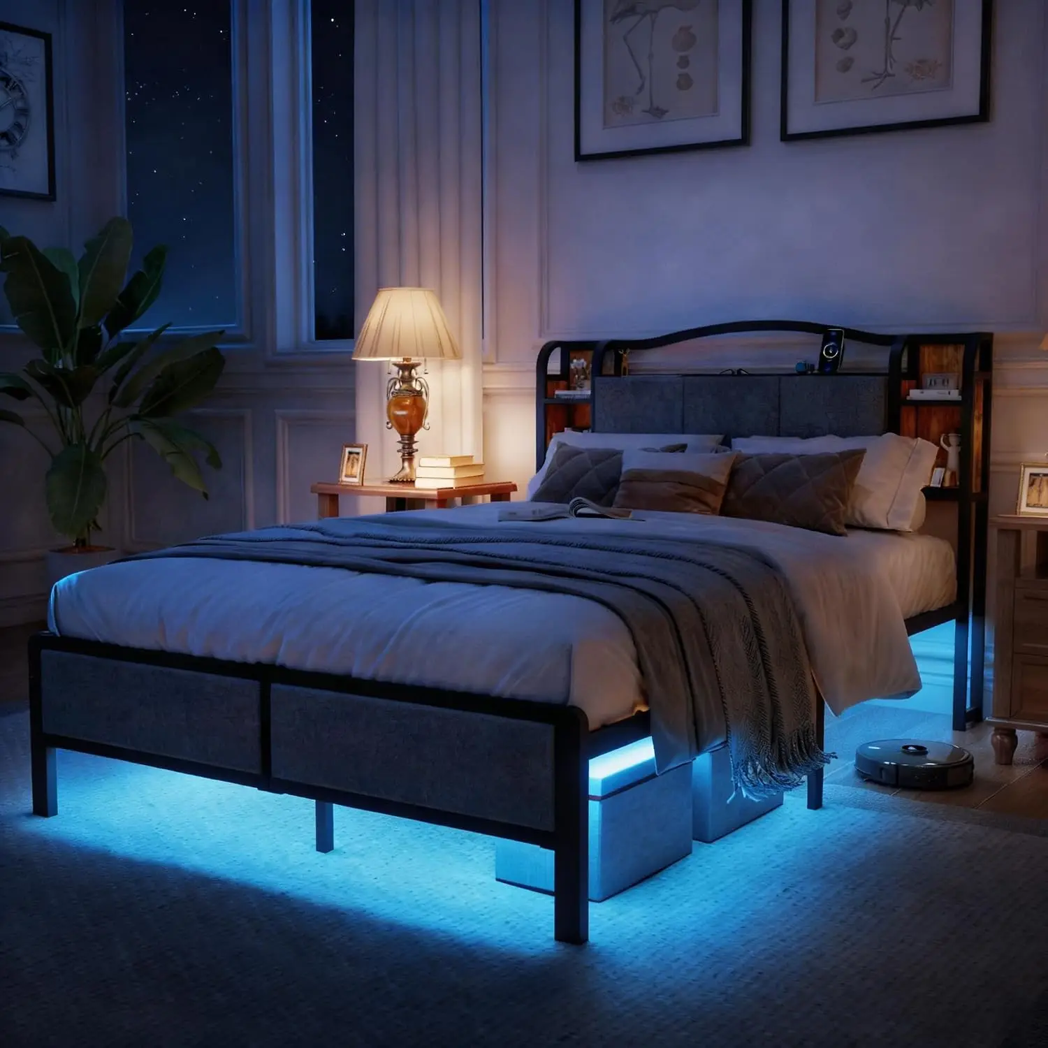 King Size Bed Frame With LED Lights & USB Charging Station, Customized