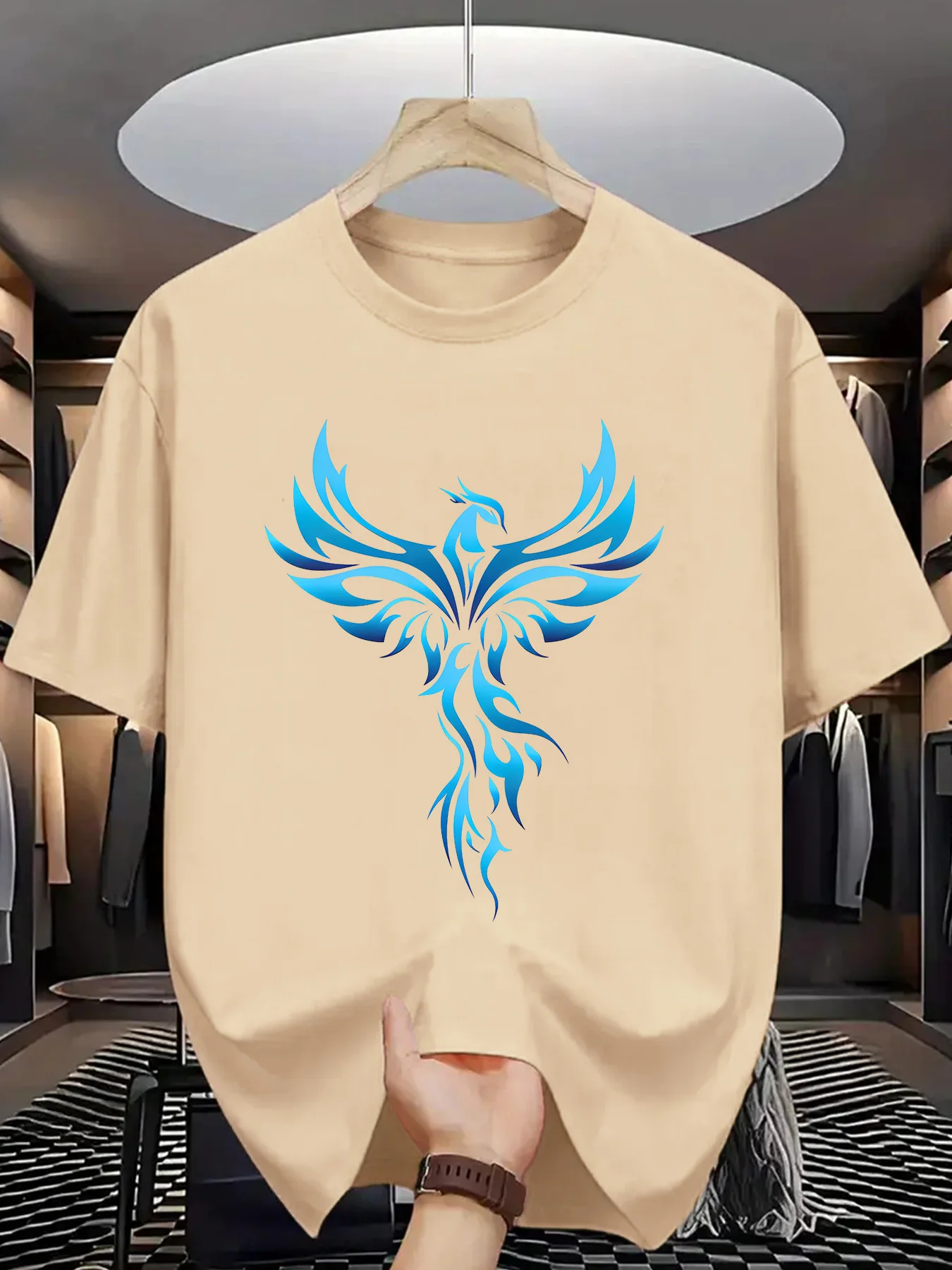 Summer Cotton Casual Fashionable Loose Blue Phoenix Pattern Printed Comfortable Sports Round-neck Short-sleeved T-shirt