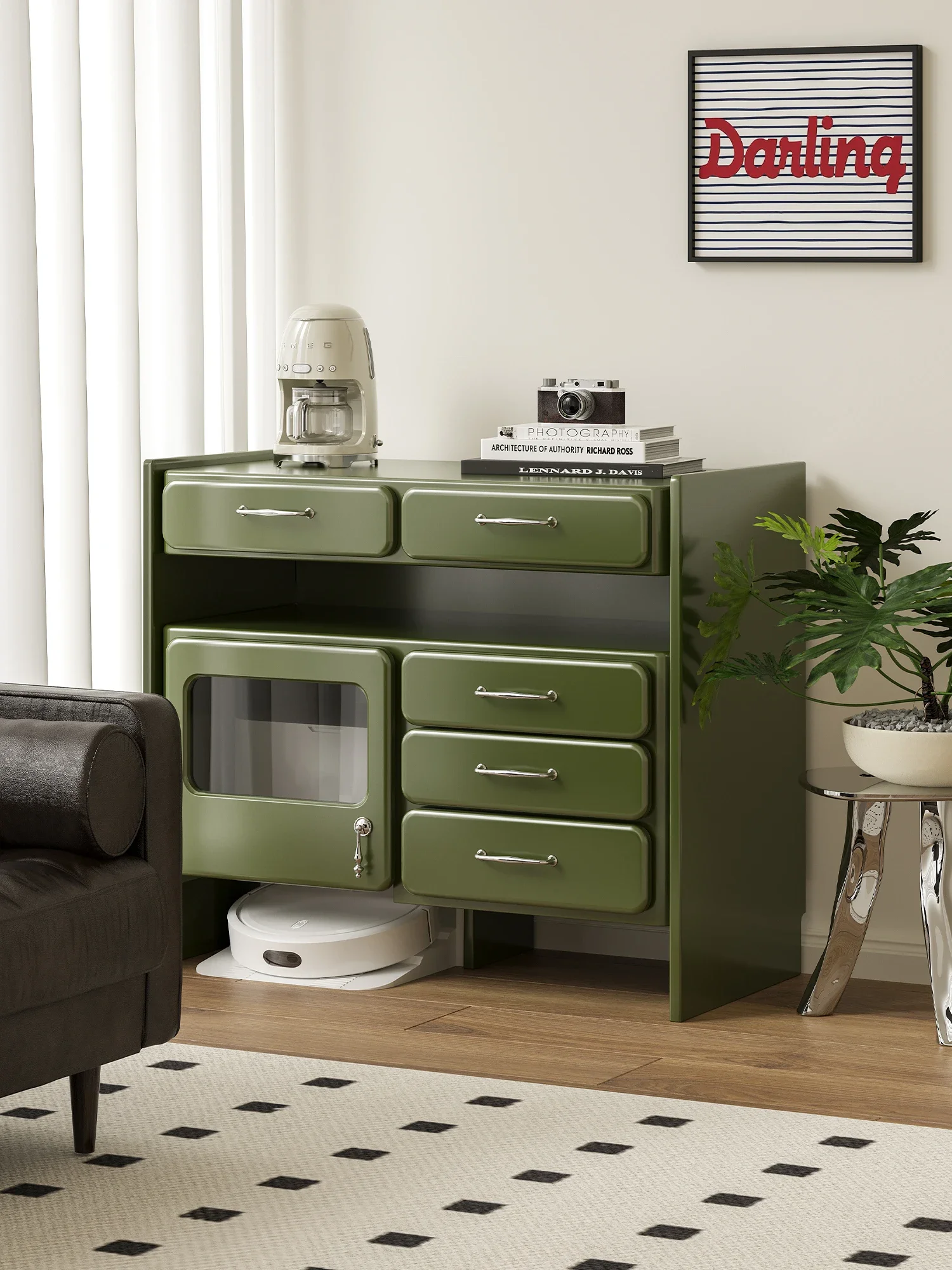 Cream retro pendant coffee cabinet, living room home storage side cabinet, bedroom drawer glass display cabinet