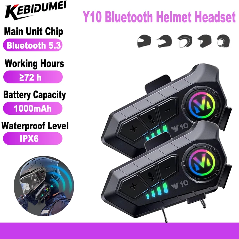 

Kebidumei Y10 Motorcycle Bluetooth 5.3 Helmet Headset 1000 mAh Wireless Earphone Hands-free Earphone with Colorful Lights