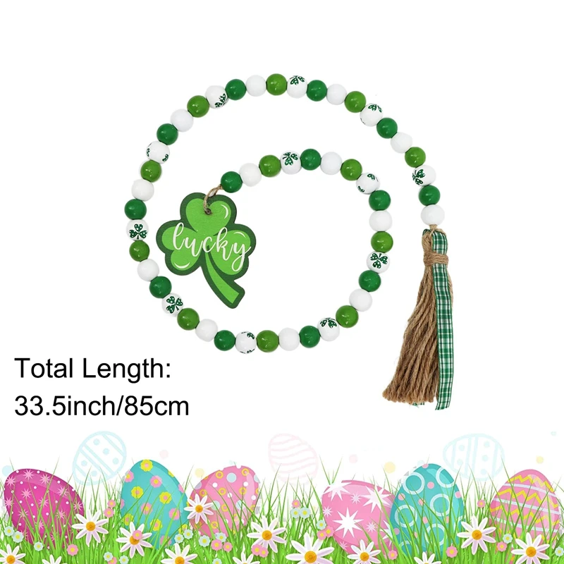 St. Patrick's Day Holzperlengirlanden mit Quaste, irisches Kleeblatt, Holzperlengirlande mit rustikalem Bauernhausschild aus Holz