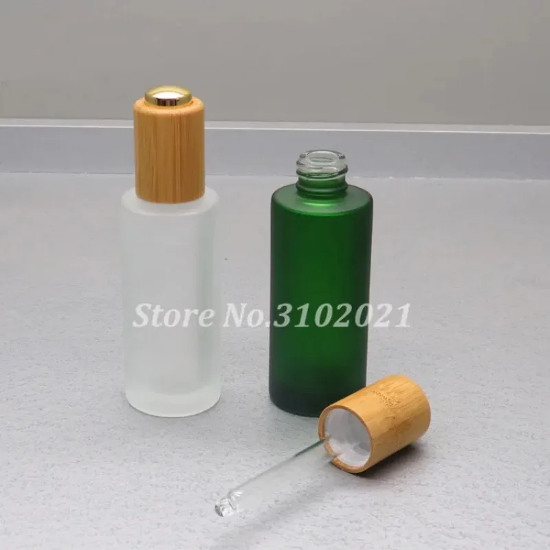 10/20pcs 30ml Empty Bamboo Frosted Glass Essential Oil Bottle Cosmetic Essence Container with Press Pump Head with Glass Pipette