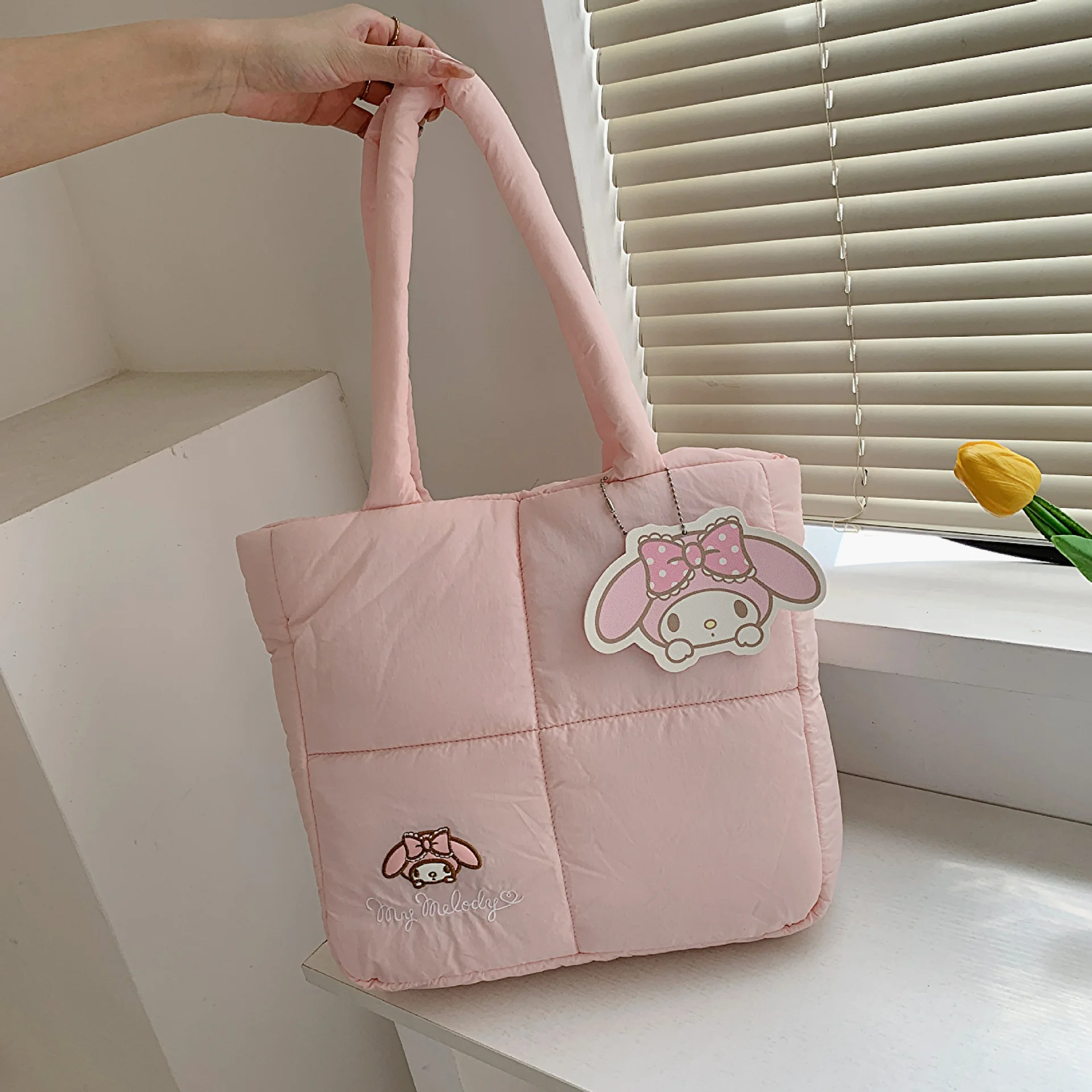 New Sanrio Hellokitty Cinnamoroll Melody Handbag Down Cloth Cartoon Cute Cosmetic Bag Wash Bag Snack Mother Bag Kawaii Gift