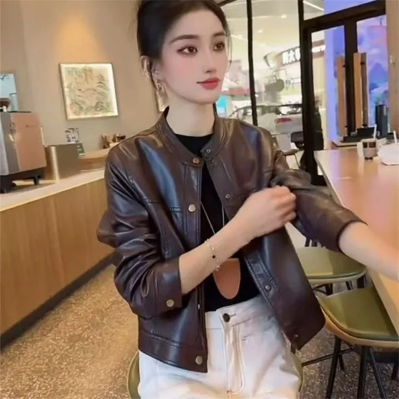 Autumn Femme Stand Collar Faux Leather Outwear Lady Large Size 4XL Leather Tops Coat Korean Women Long Sleeves PU Leather Jacket 6