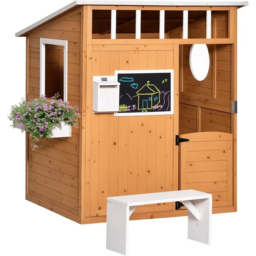 

Детский уличный деревянный игровой домик с функциональной дверью, окнами, почтовым ящиком, скамейкой, цветочным горшком, 48x42,5x53