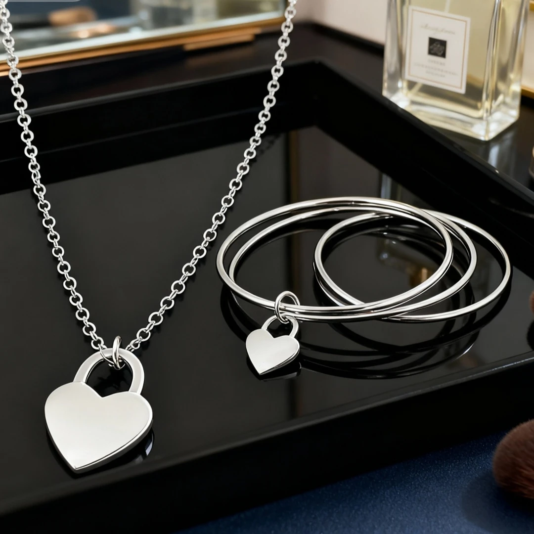 

Стерлингового серебра 925 пробы, подвески в форме сердца, ожерелье, браслет 6,5 см, комплекты ювелирных изделий для женщин, модные свадебные аксессуары, подарки