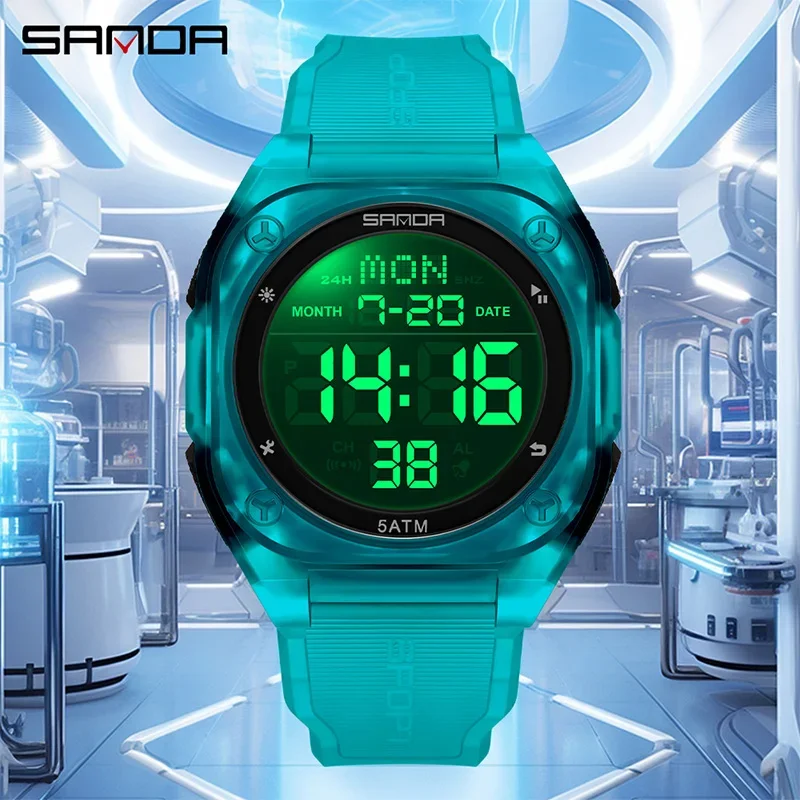 SANDA LED 디지털 남자 시계 다기능 알람 시계 빛나는 방수 실리콘 손목 시계 캐주얼 학생 전자 시계