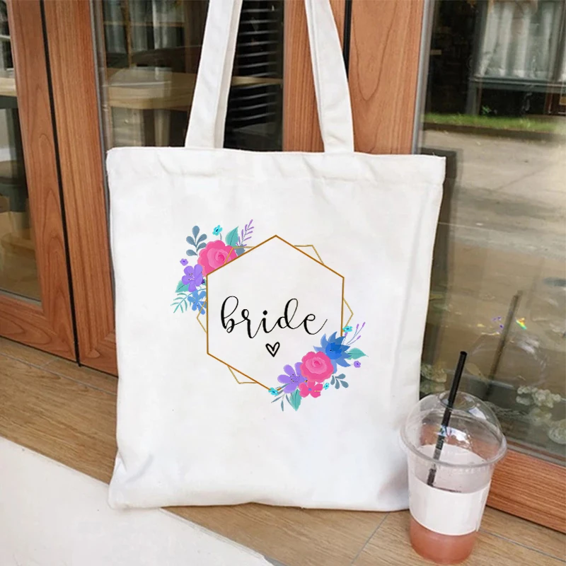 Bridal Flower Wreath Wedding Shoulder Bag Girls Team Bride Squad Bachelorette Hen Party Shopping Bags Single Farewell Tote Bag