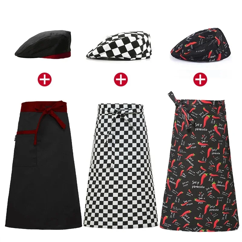 Conjunto de uniforme de cocina para hombre y mujer, delantal con gorro para Catering, Hotel, Chef, restaurante, trabajo de cocinero, panadería, cafetería, sombrero de camarero