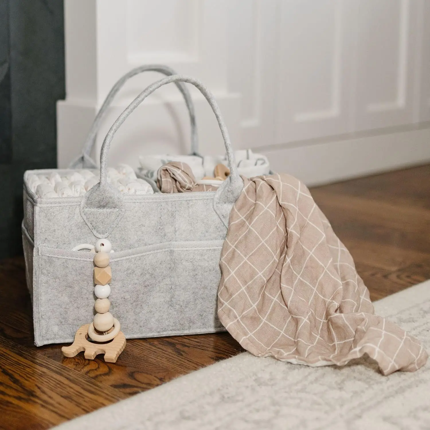 Baby Felt Storage Nursery Organizer Basket Infant Diaper Bag with Handle Caddy Changing Nappy Kids Storage Carrier Large Pocket