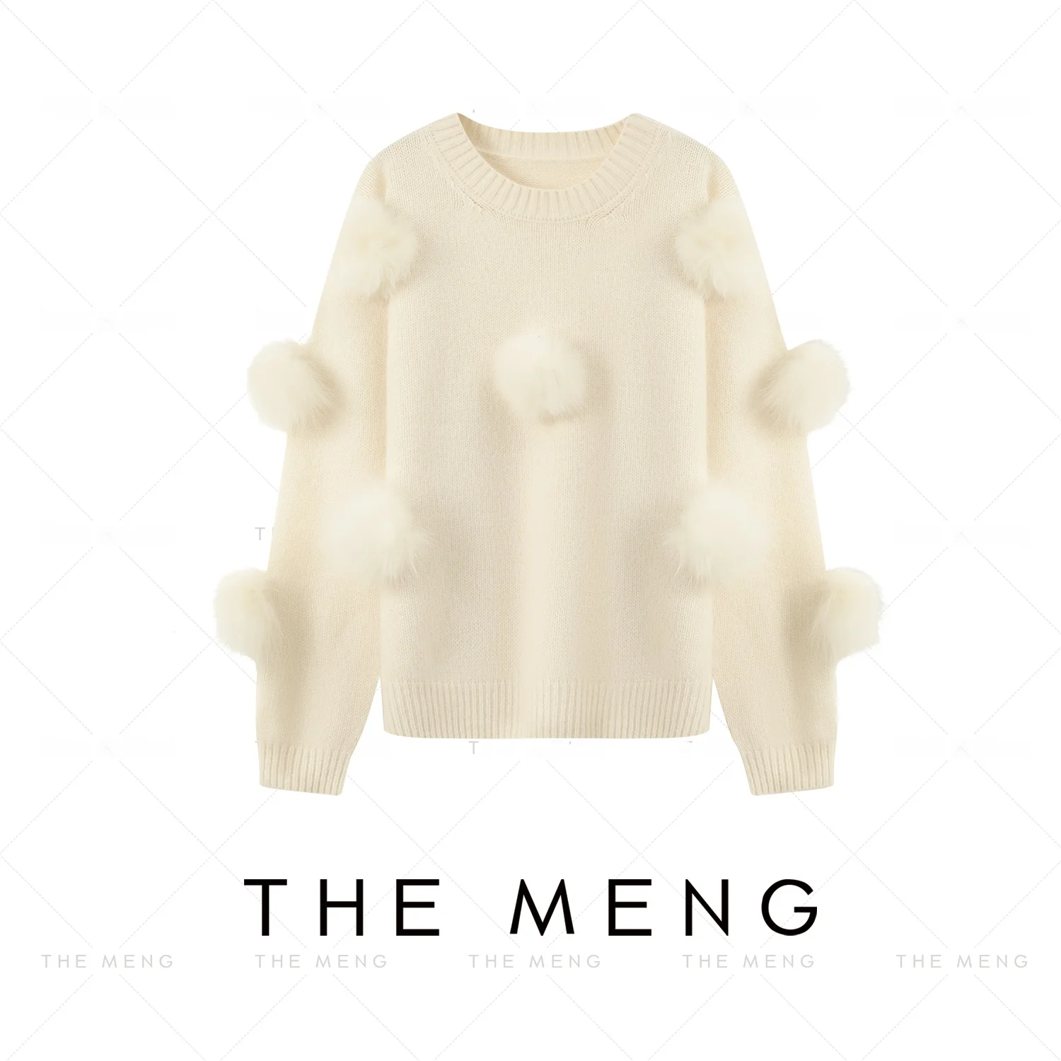 

Fashionable Women's Knitted Sweater with Fur Ball Design Cashmere Silk Rabbit Fur Long Sleeve round Neck Knitwear Coat