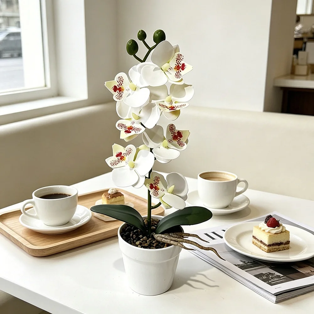 7-Bloom Artificial Orchid Arrangement in Neutral Stone Texture Pot for Decor That Complements Varied Interiors