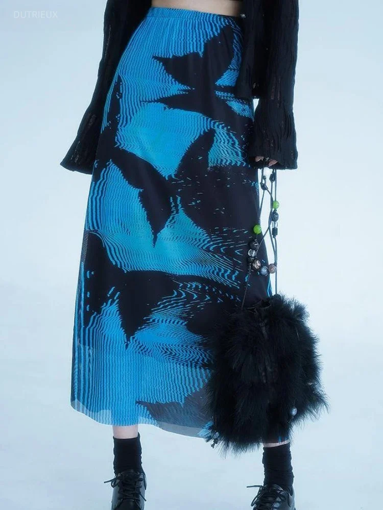 Gothic Pleated Skirts Womens Blue Saia Black Butterfly Print High Waist Skirt Woman Y2k Faldas Mujer Moda 2026 Korean