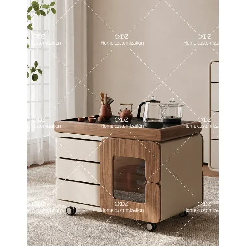 Movable Solid Wood Coffee Table with Tea Tray Integrated Living Room Side Cabinet Trolley for Small Apartment Ancient Style
