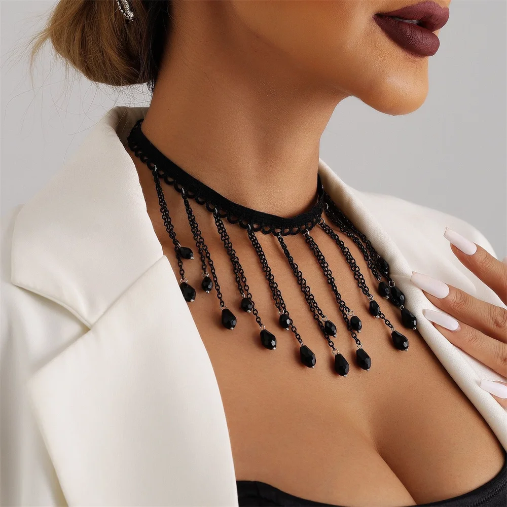Black Crystal Gothic Feng Shui Drip Tassel Necklace Lolita Lace Neckchain Necklace Ornament