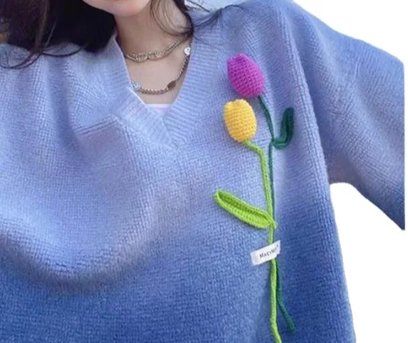 2022 New Style Good Hand Feeling Hanging Dyed Blue Three-dimensional Hand-woven Flower women's Knitted Top Sweater