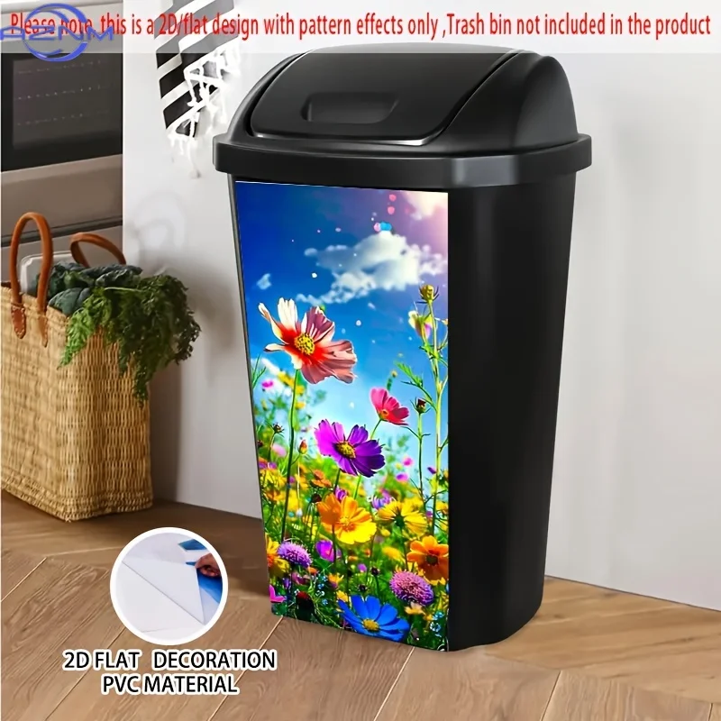 Bright Flower Field Self-Adhesive Dustbin Stickers, Durable PVC Decorative Stickers, Wheelie Bin Stickers,  Ideal for floral -