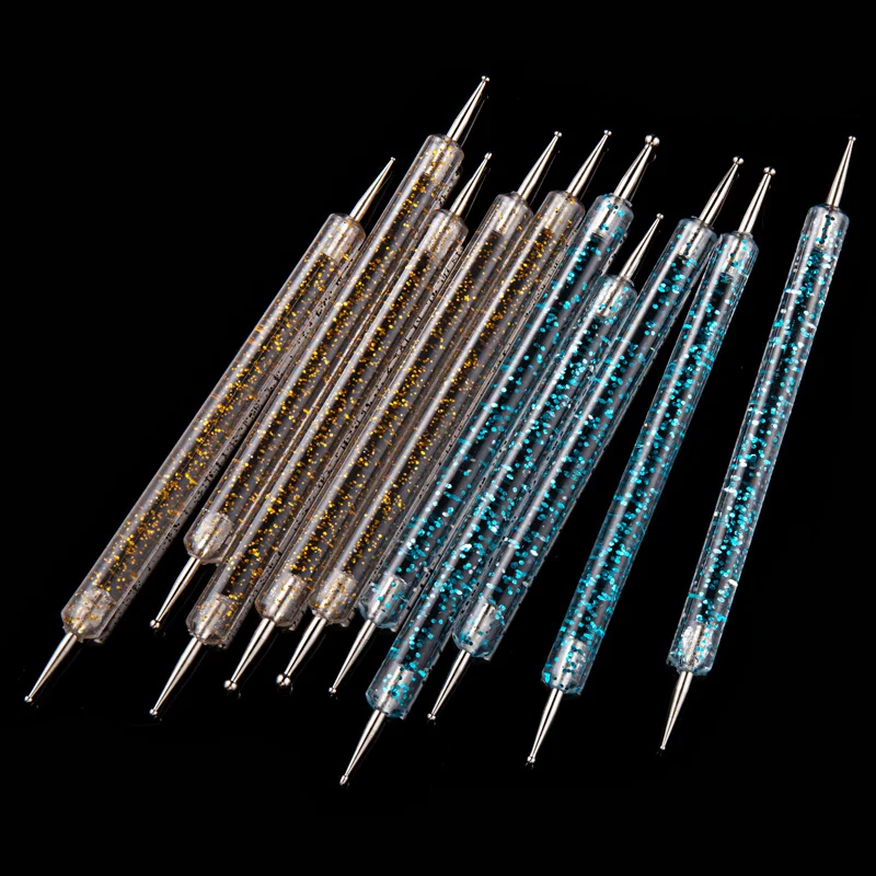 5pcs Dual-ended Nail Art Dotting Tool With Rhinestones Handle Gems Pens UV Gel Liner Flower Pattern Drawing Painting Brush Kits
