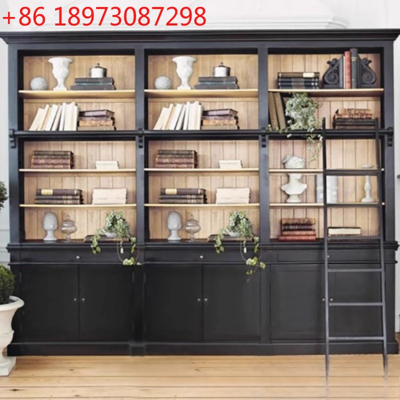 

American all solid wood combination black bookcase living room wall floor display cabinet