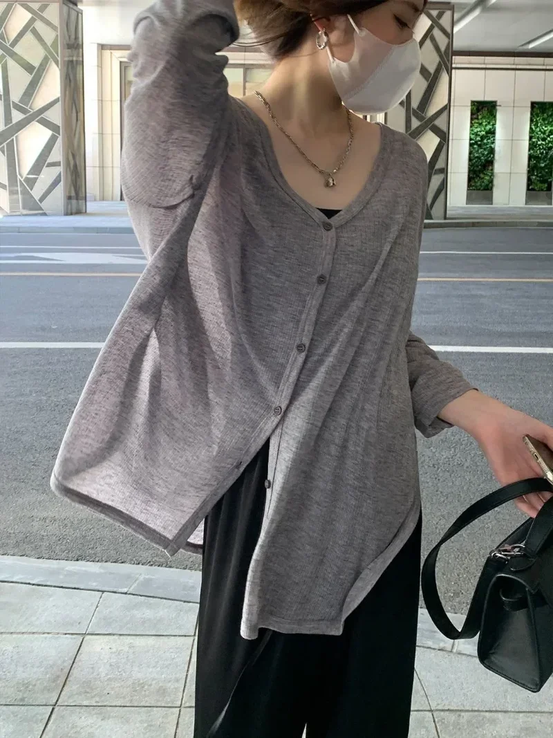 Women's V-Neck Long Sleeve Cardigan Sun Protection Lightweight Knitwear Spring Summer 2025 Casual Beachwear Top Knitted Cardigan