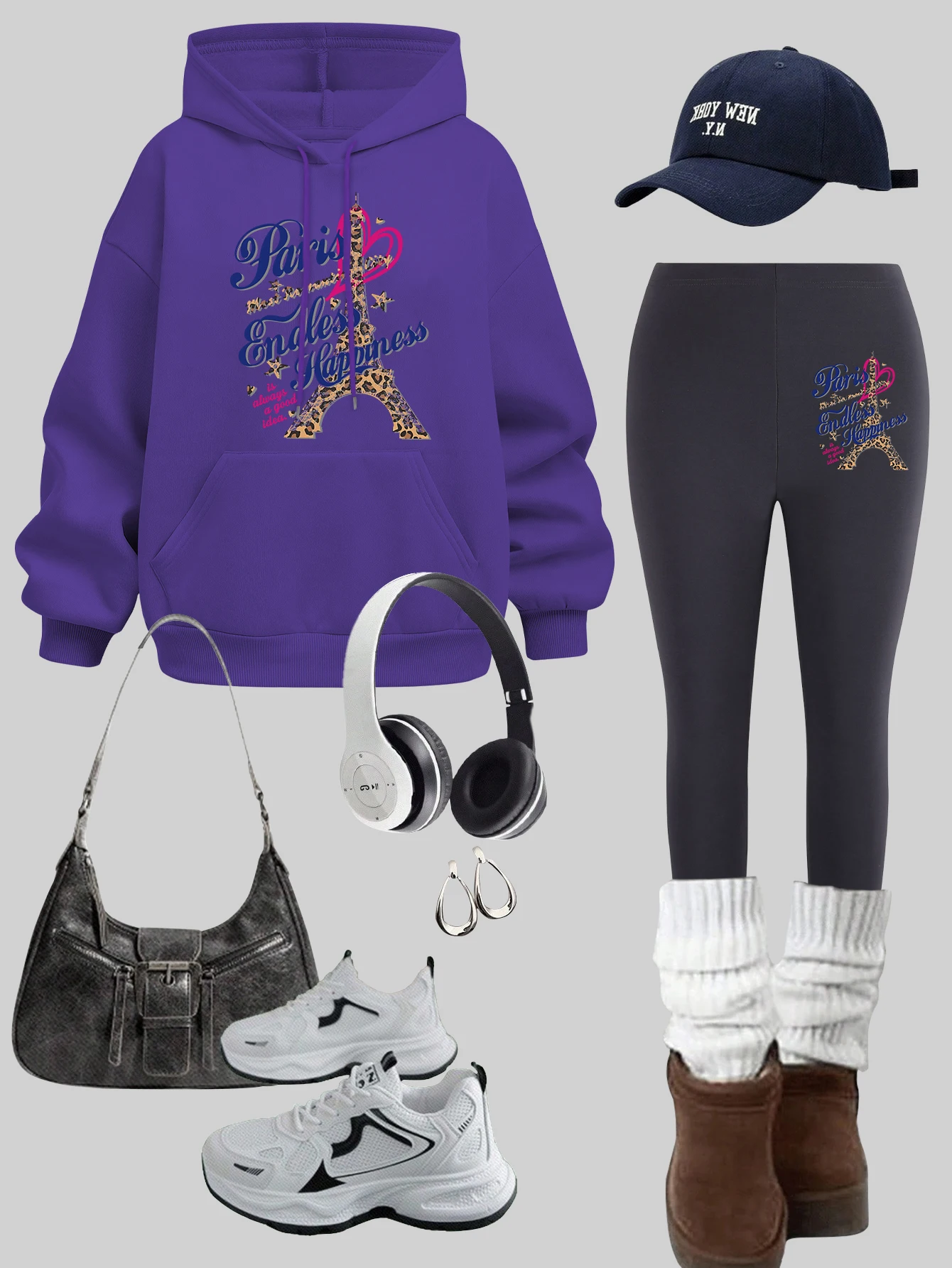 

Paris Most Romantic City Printed Womens Hoodies Set Winter Casual Pullover Thicken Loose leggings elasticity Fleece pants