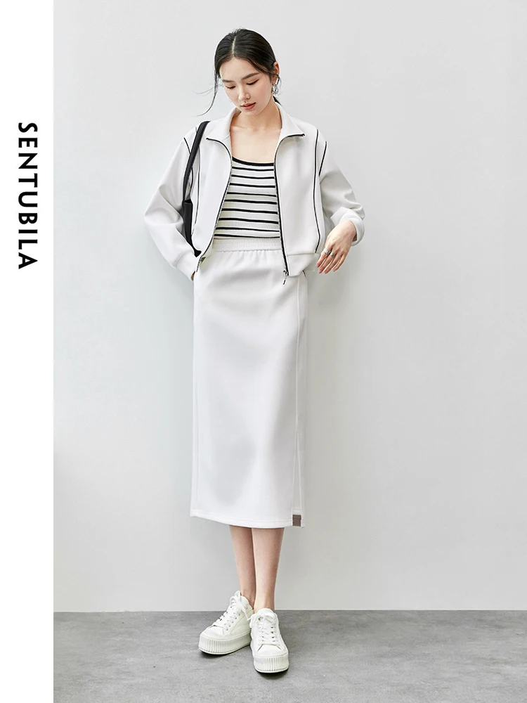 SENTUBILA Women  Knit Skirt Set   2024 Autumn Spliced Stand Neck Coat Straight Elastic Waist Skirt Sporty Set 143Z55719