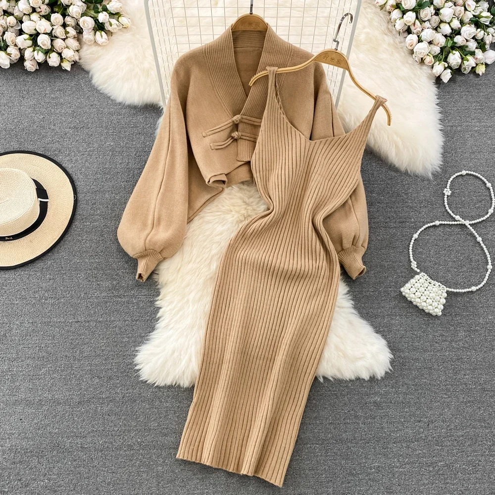 Women Knit Two Pieces Sets Sweater Batwing Long Sleeve Vneck Cardigan and Stretch Bodycone Slip Dress Autumn Winter Pencil Dress