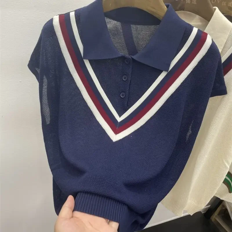 

Simple Casual Versatile Lapel Short Sleeved Polo Shirt Women Panelled Button Screw Thread Summer New Loose Fake Two Piece Tops