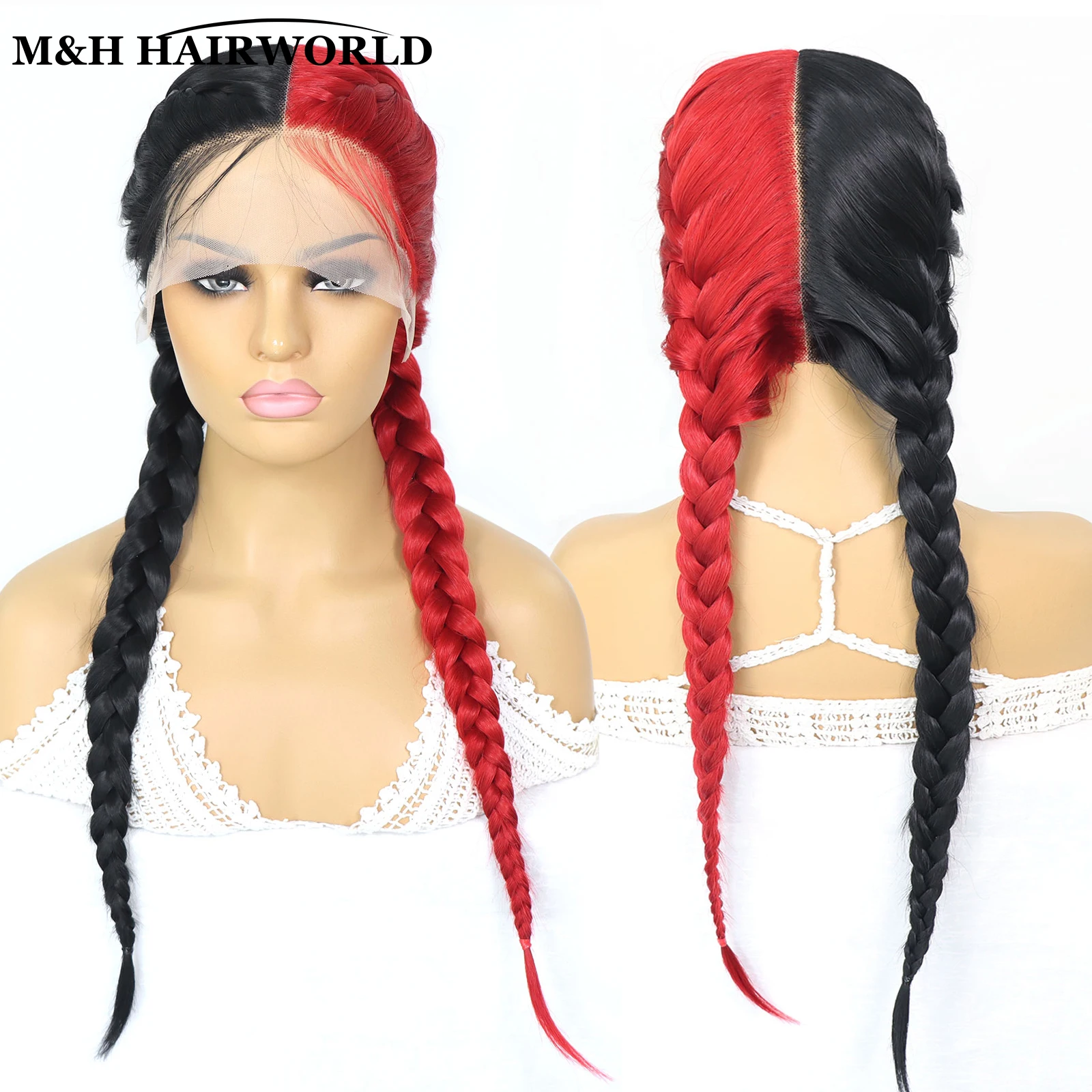 Half Red Half Black Colored Lace Front Braided Wigs For Women 26 Inch Long Synthetic Double Dutch Box Braids Wig With Baby Hair