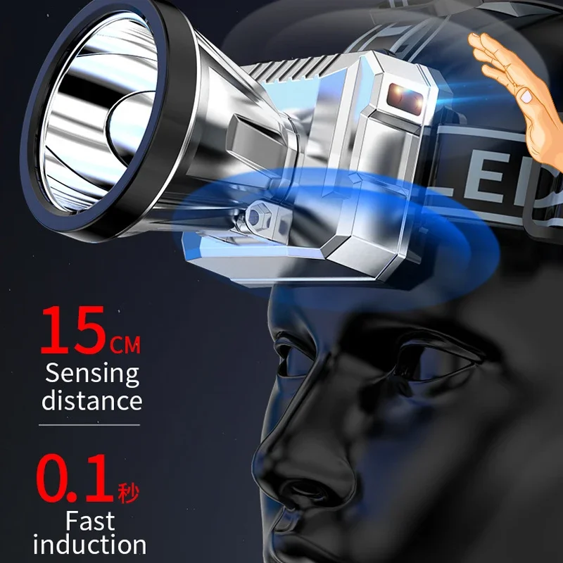 Smart Sensor LED Headlamp High Power Camping Head Torch Rechargeable Super Bright Flashlight Outdoor Emergency Work Headlight