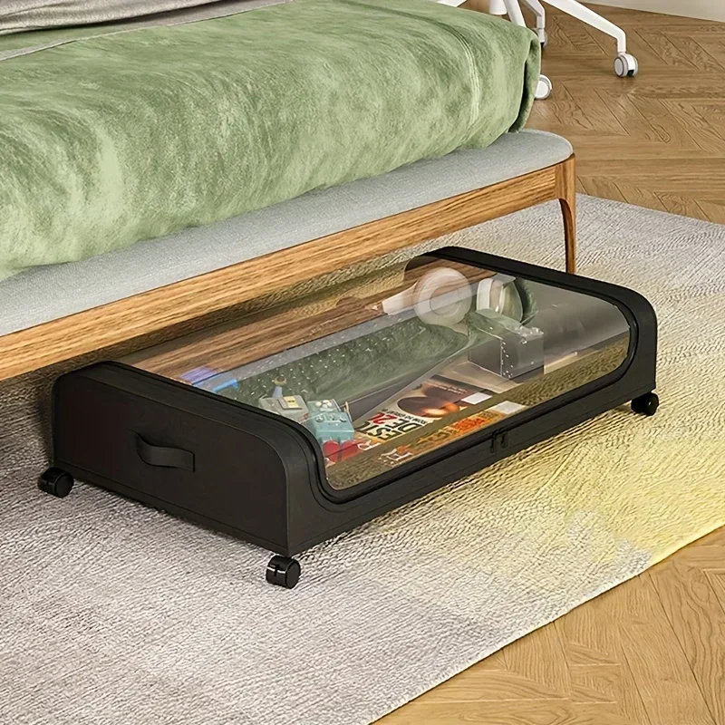 

Underbed Quilts Storage Bag With Wheels Large Capacity Visible Window Under Bed Metal Zippered Box For Clothes Book Toys Blanket