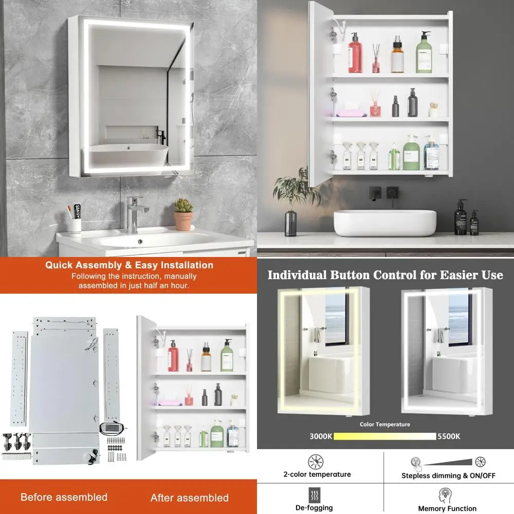 

32 by 24 Inch LED Illuminated Bathroom Medicine Cabinet Mirror with Defogger and Stepless Dimmable Lighting, 3000K/5500K Color T