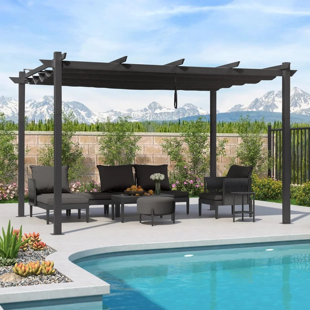 10' x 13' Patio Aluminum Pergola with Double Sun Shade Canopy Modern Grape Trellis Outdoor Pergola Patio Retractable，Grey