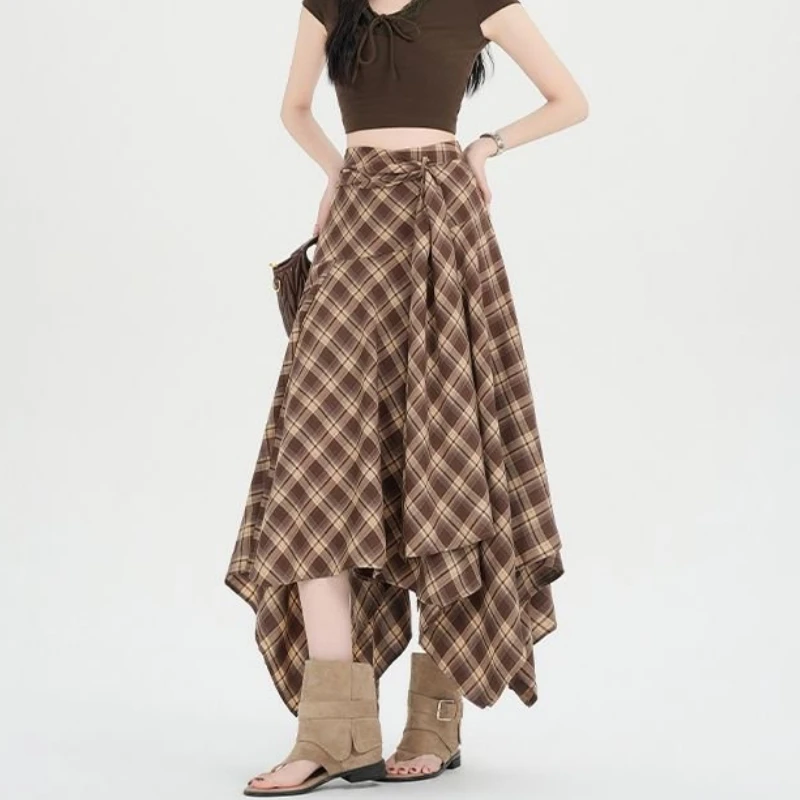 

Long Skirts Women Maxi Skirt 2026 Goth Lolita Spring Summer Bandage High Waist Ruffles Asymmetrical Plaid Skirt Pleated