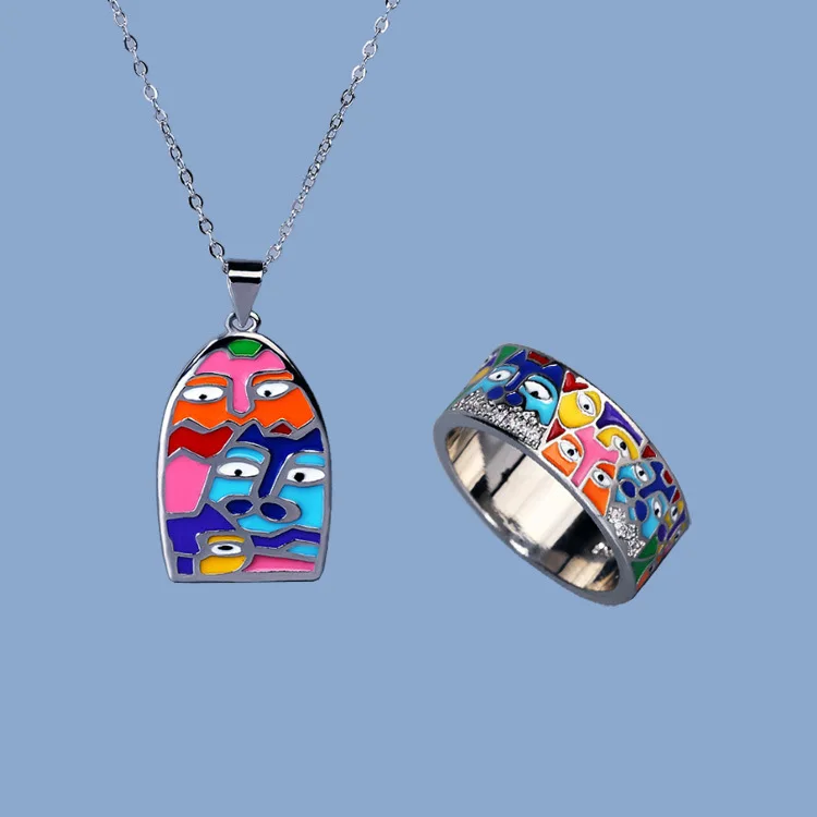 

Креативный эмалированный набор, кольцо и кольцо для семейной девочки из мультфильма, серебро 925 пробы, модные украшения в виде капли, аксессуары, подарок на день рождения, оптовая продажа