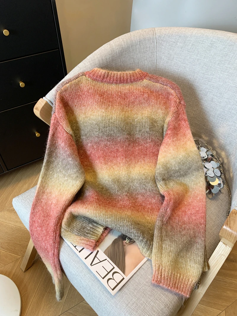 Korean Preppy Style Rainbow Cardigans Single Breasted O-Neck Gradient Color Knitted Sweater New Fashion Casual Outerwear Baggy