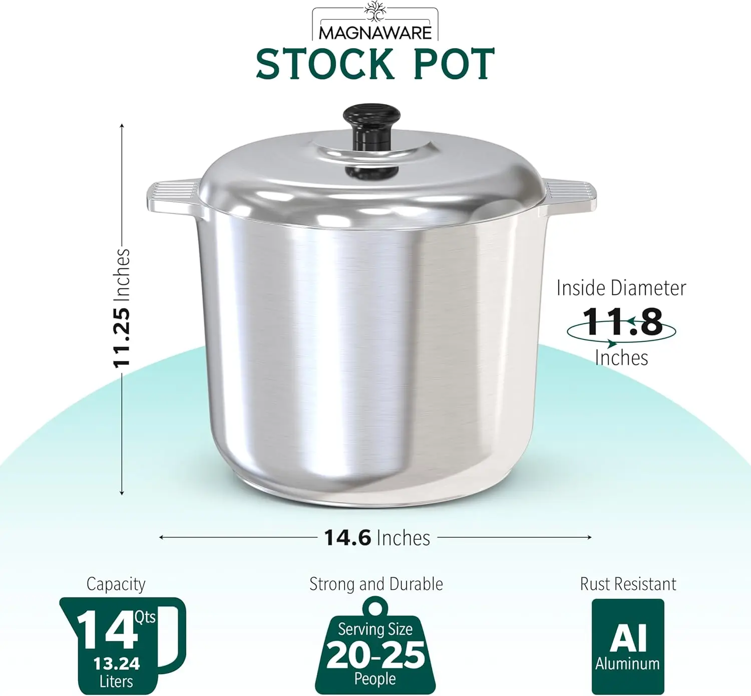 14 Quart Cast Aluminum Stock Pot with Lid - Durable & Lightweight Soup Pot with Even Heat Distribution & Retention -Professional