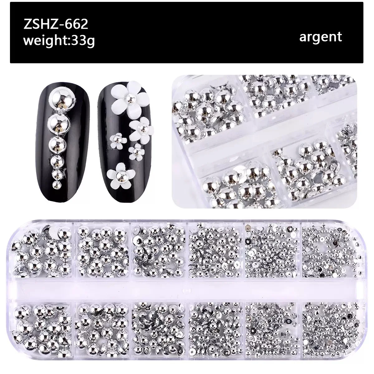 12Grid/box Gold Silver Half Round Caviar Bead Nail Charms 2/3/4/5/6mm Flatback Round Steel Nail Bead Micro Ball Manicure Bead