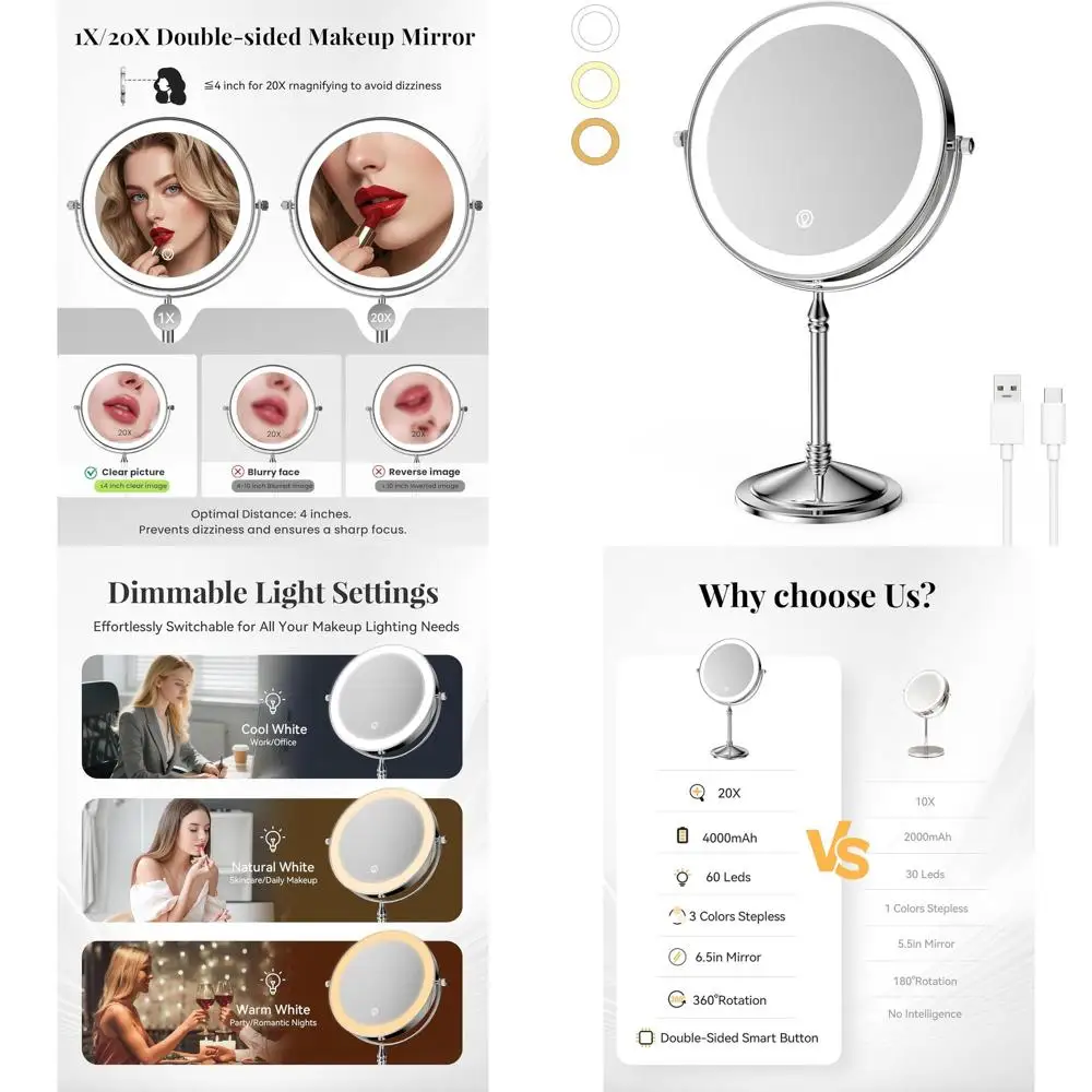 Miroir de courtoisie LED grossissant 20x avec batterie 4000mAh, miroir de maquillage chromé double face pour femmes, support de bureau