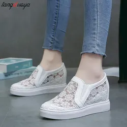 Women Wedge Platform Sneakers Fashion Summer White Casual Shoes women Cutouts Lace Canvas Hollow Breathable Loafers Shoes