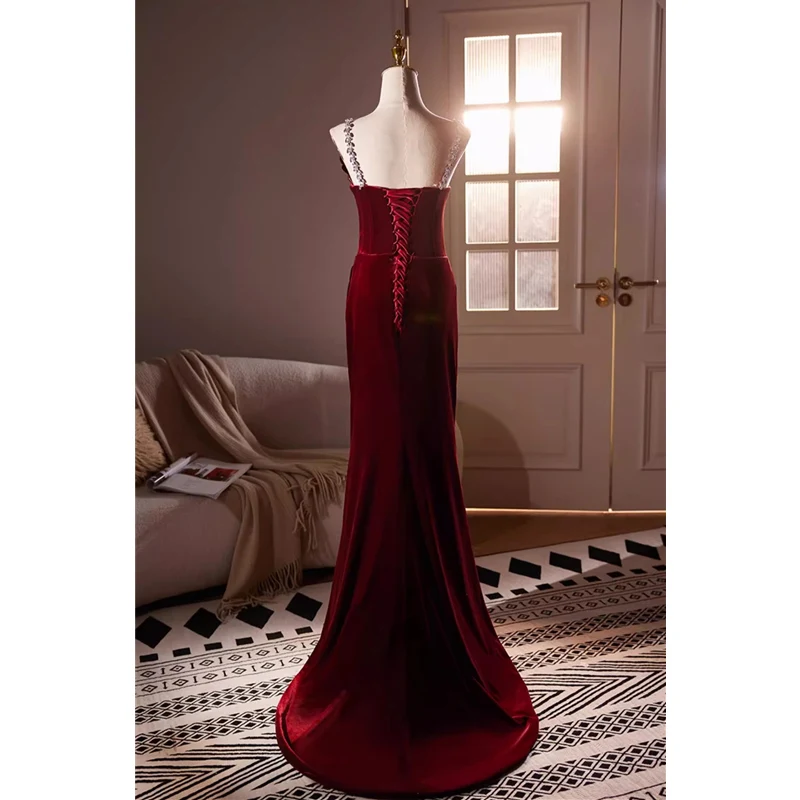 Bespok Occasion Dress Burgundy Velvet Sgaphetti Strapls Beads Pleat Lace up Mermaid Floor length Plus size Women Evening Gown