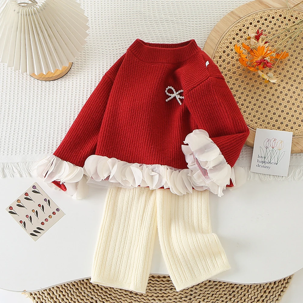 Autumn Winter Girls' Sweater Set Sweet Beaded Bow Round Neck Lace Sleeve Pullover Elastic Warm Knitted Pants 2Pieces Outfit