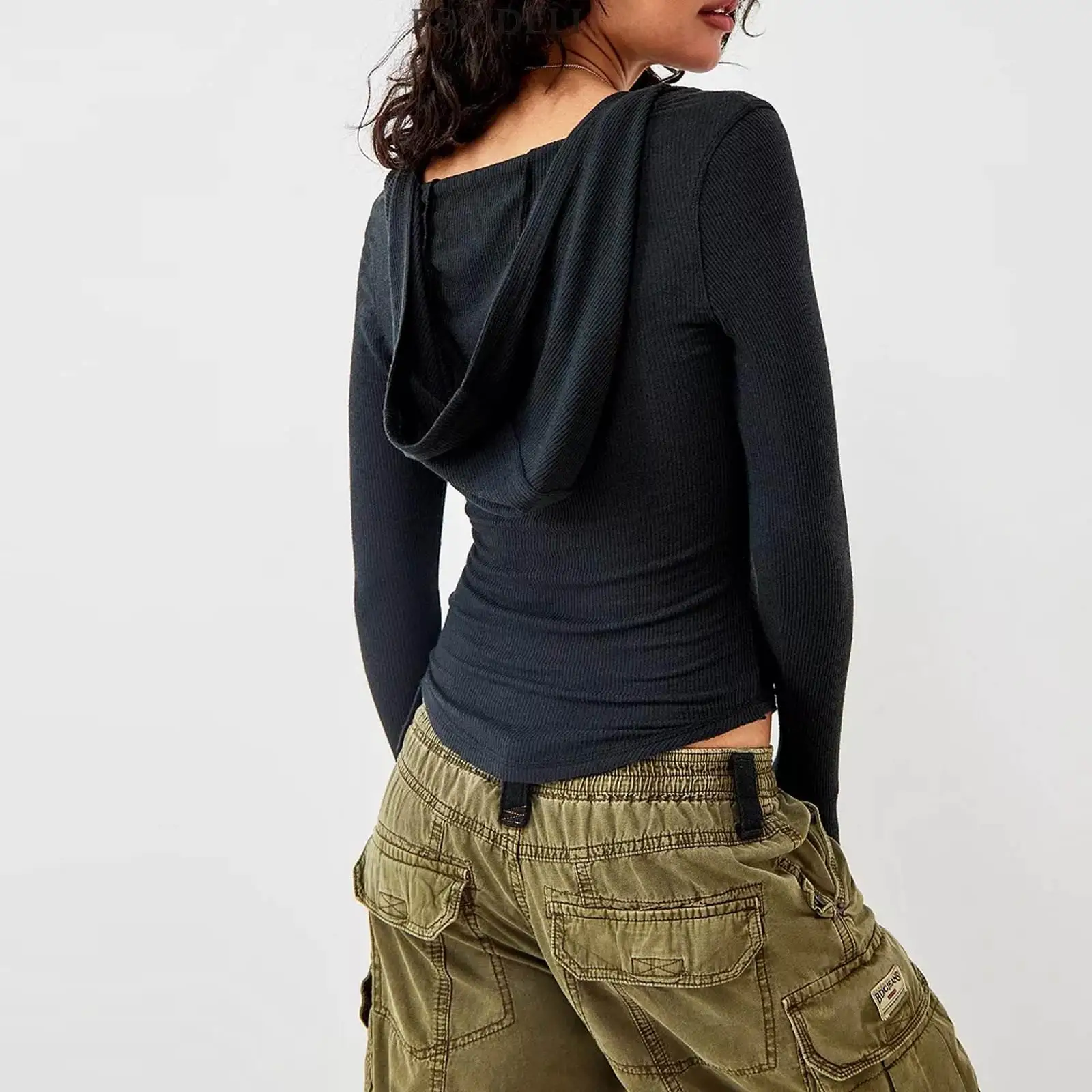 2023 تي شيرت ضيق بقلنسوة واحدة الصدر ort Top Street Sle لون نقي طويل Sve بوليستر ربيع الخريف المرأة Fa...