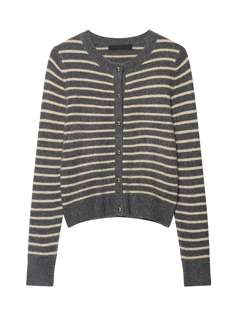 

Серый полосатый вязаный кардиган, женский осенний новый однобортный свитер с круглым вырезом и длинными рукавами, винтажный повседневный модный трикотаж