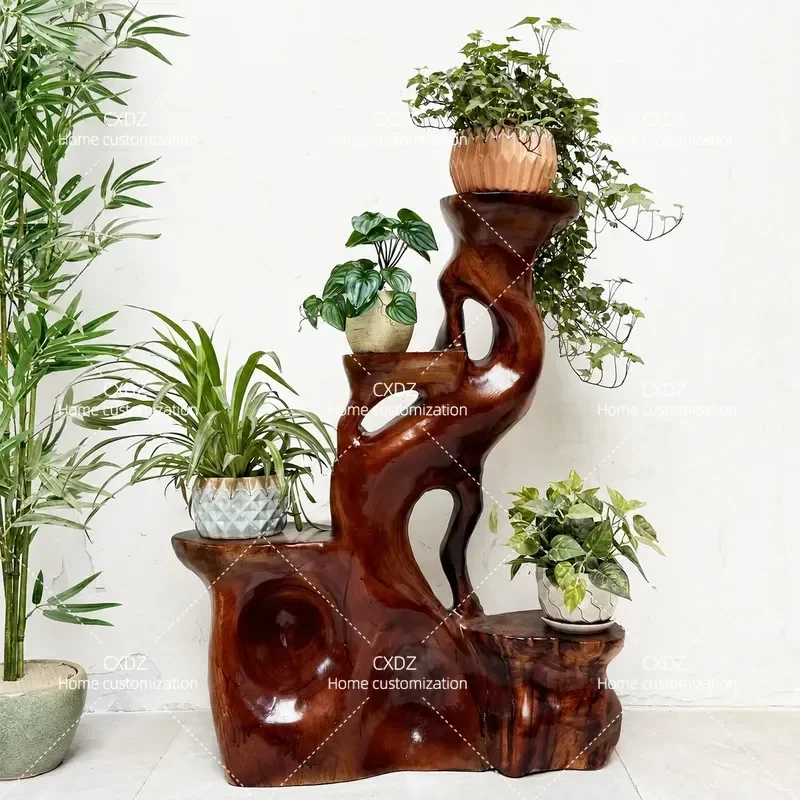Solid Wood Root Carving Flower Stand Multi Layer Stepped Plant Pot Holder Living Room Decorative Shelf Natural Style Ornament