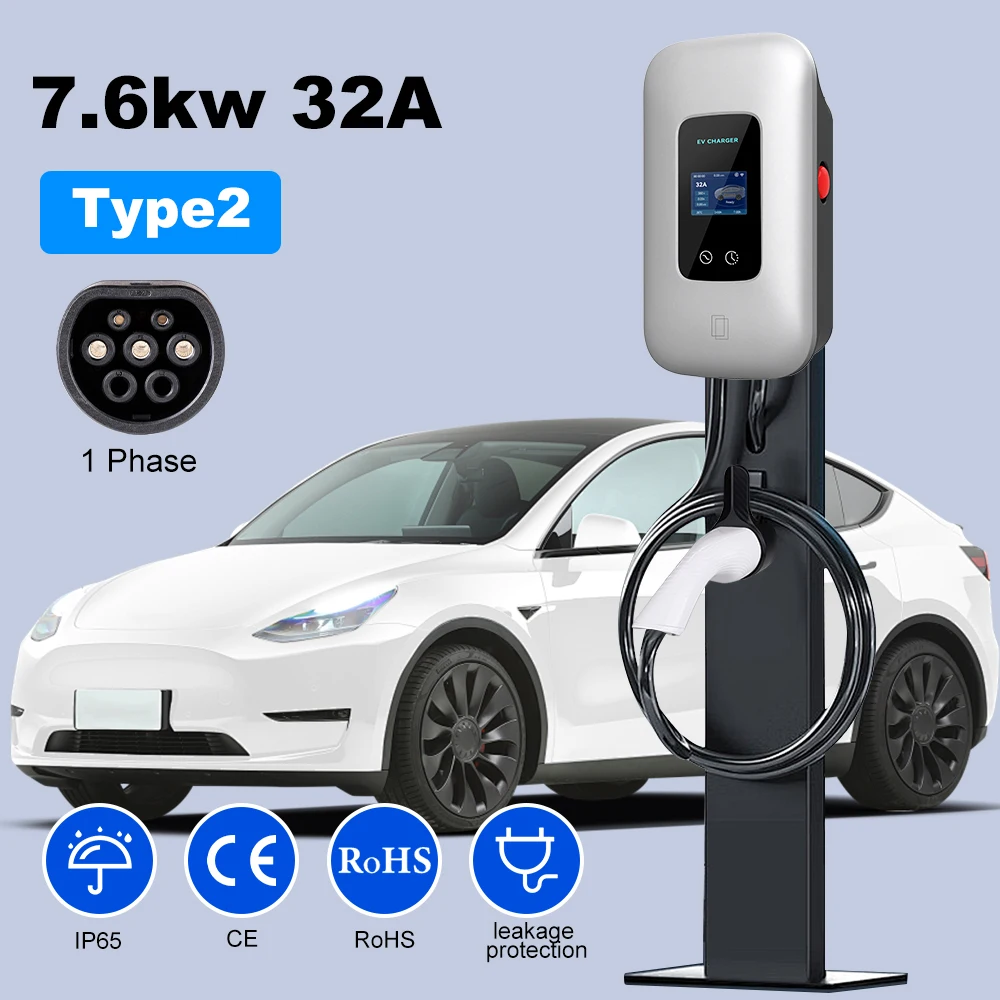 Type2 ev carregador 32a 7.6kw estação de carregamento carregador de carro para veículo elétrico 11kw 22kw 3 fases evse wallbox tela controle app