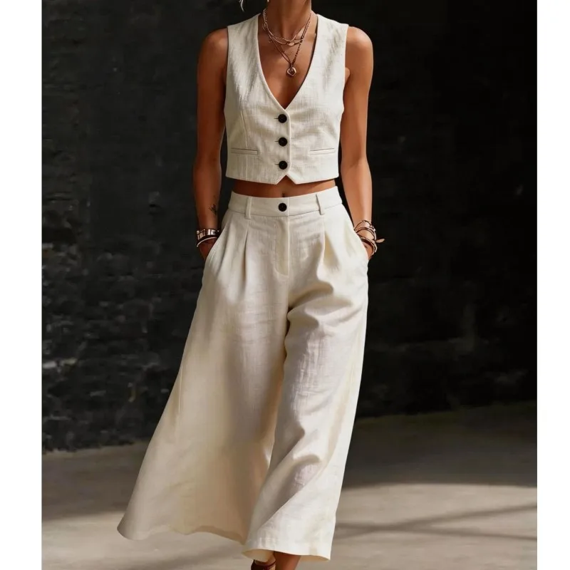 

2026 New Summer Women's Pants Set Sleeveless V-Tie Button Pocket Casual Loose Fashionable Comfortable Simple Versatile Pants Set