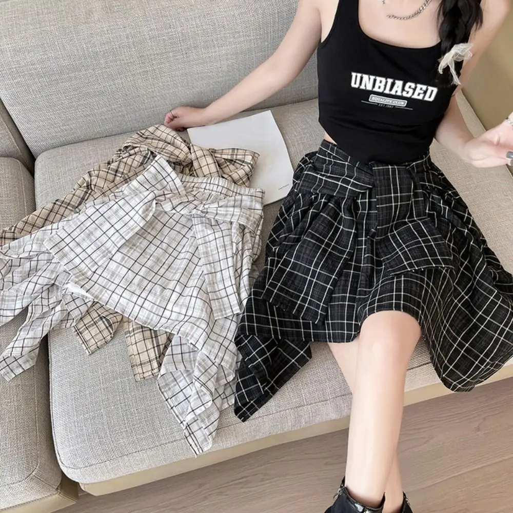 

Fashion Irregular Plaid Shirts Skirt A-line Lace-up Fake Two-piece Skirts High Waist Streetwear Plaid Shorts Skirt Girls