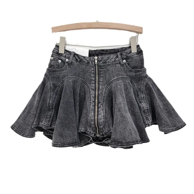 Three-dimensional Cut Deconstructed Lotus Leaf Edge Denim Half Body Skirt, Front Zipper Spliced Pleated Elastic Denim Mini Skirt view 5